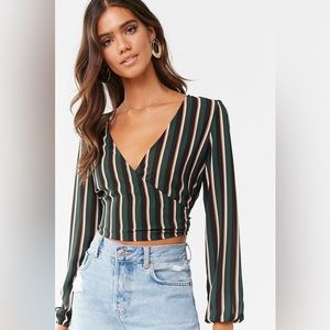 Forever 21 Large Sheer Striped Surplice Crop Top in Hunter Green/Stripes